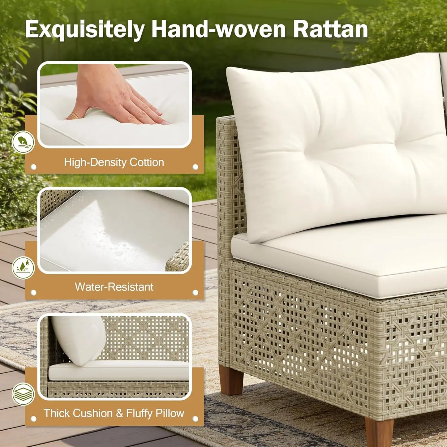 3 Piece Outdoor Sectional Sofa Set Hollow Rattan Patio Seating with Coffee Table & Ottoman for Deck Porch Poolside, Customized