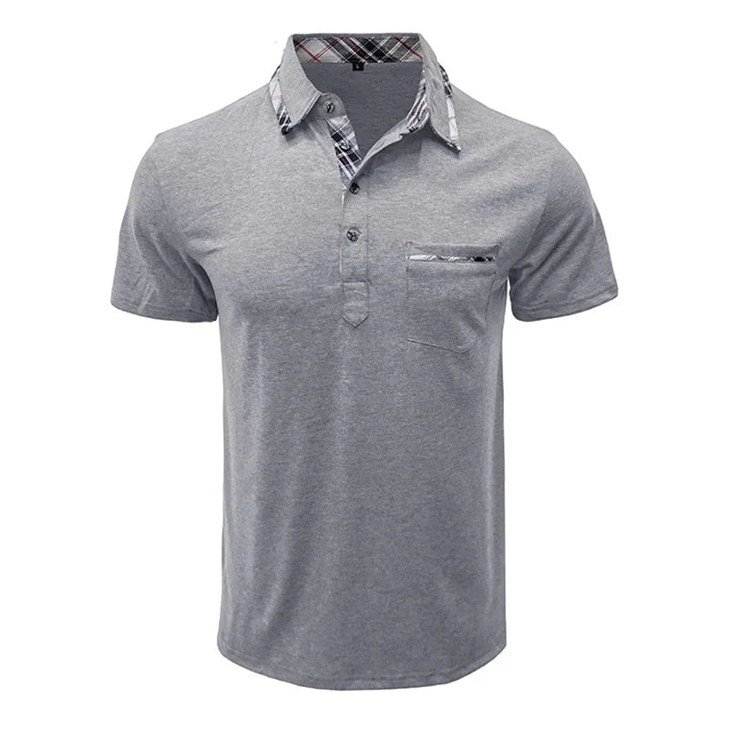 Men Short Sleeve T-Shirts Contrast Plaid Turn-Down Collar Buttons Business Casual Tops Summer Fashion  Fit Shirts