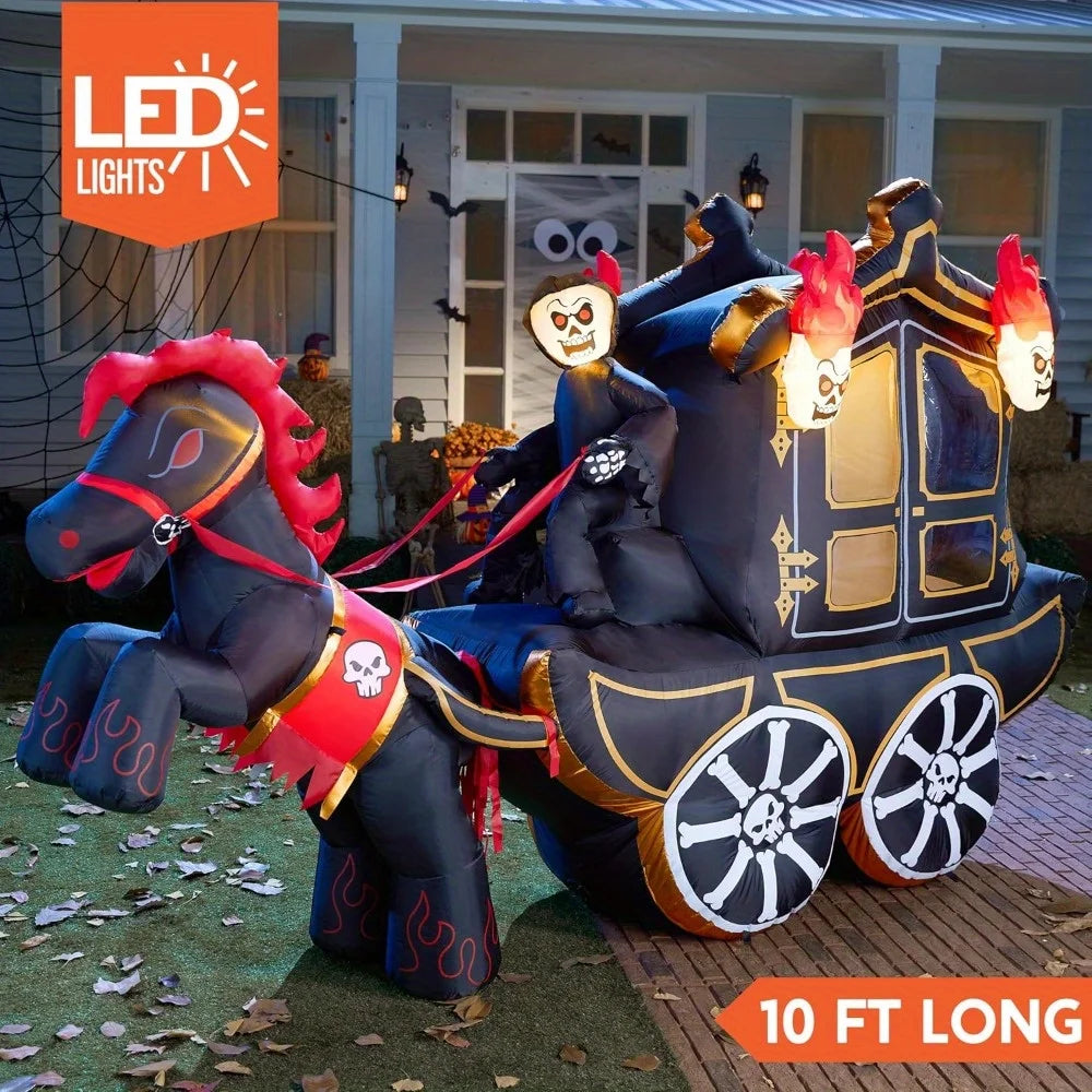10 Ft Long Halloween Inflatables Carriage Outdoor Decorations with Hellfire Design, Inflatable Carriage with Build-in LEDs Halloween Blow Up for Yard, Party Decoration Outside Garden Lawn, Photobooth Props