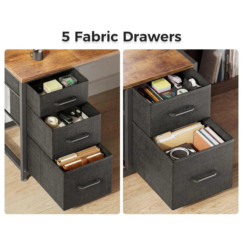 68 Computer Desk with Printer Shelf amp 5 Fabric Drawers, Rustic Brown Office Desk with Power Outlet amp CPU Storage for Home O