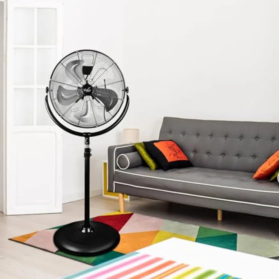 Industrial heavy duty metal pedestal drum fan for workshop use, black, 360 tilting with high velocity and quiet operation