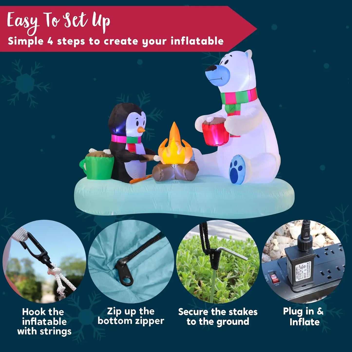 JOYFY 6 FT Long Christmas Inflatable Polar Bear and Penguin with Campfire Decoration for Xmas Party Christmas Decoration