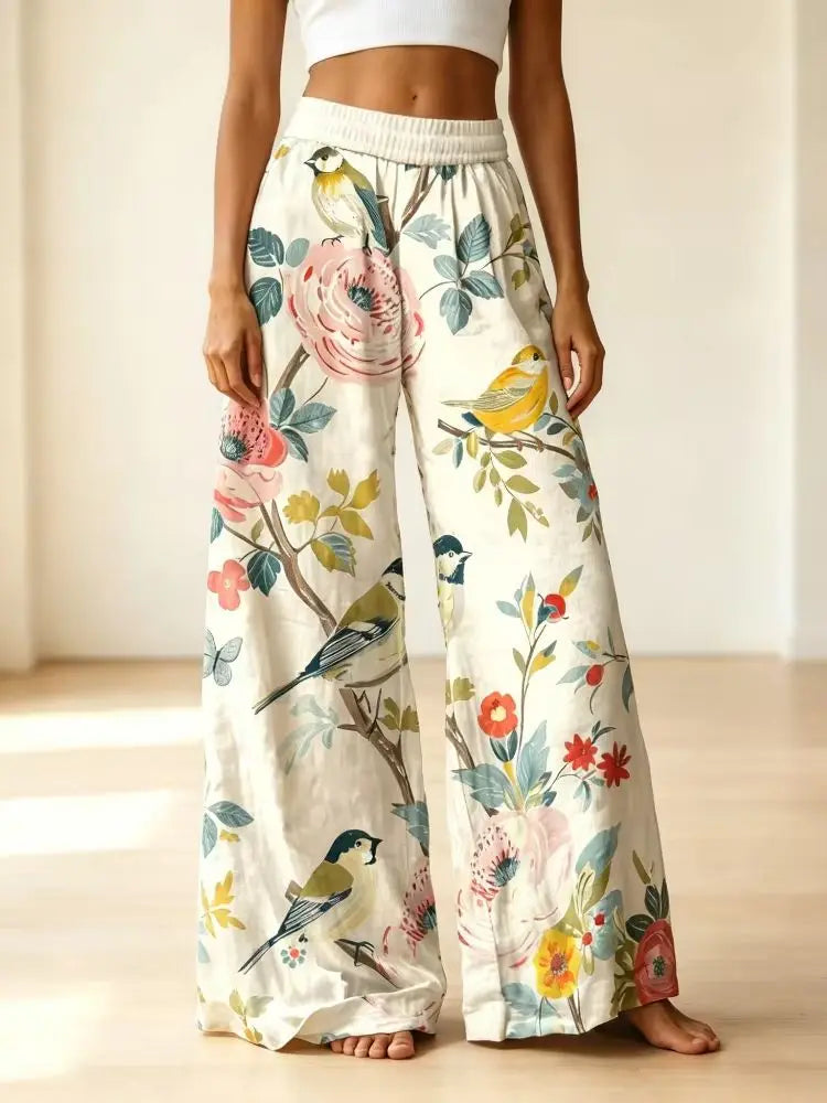 Eclectic Grandpa Floral Bird Pattern Wide Leg Pants Soft Silk Palazzo Trousers, Summer Beach Tropical Vacation Outfits