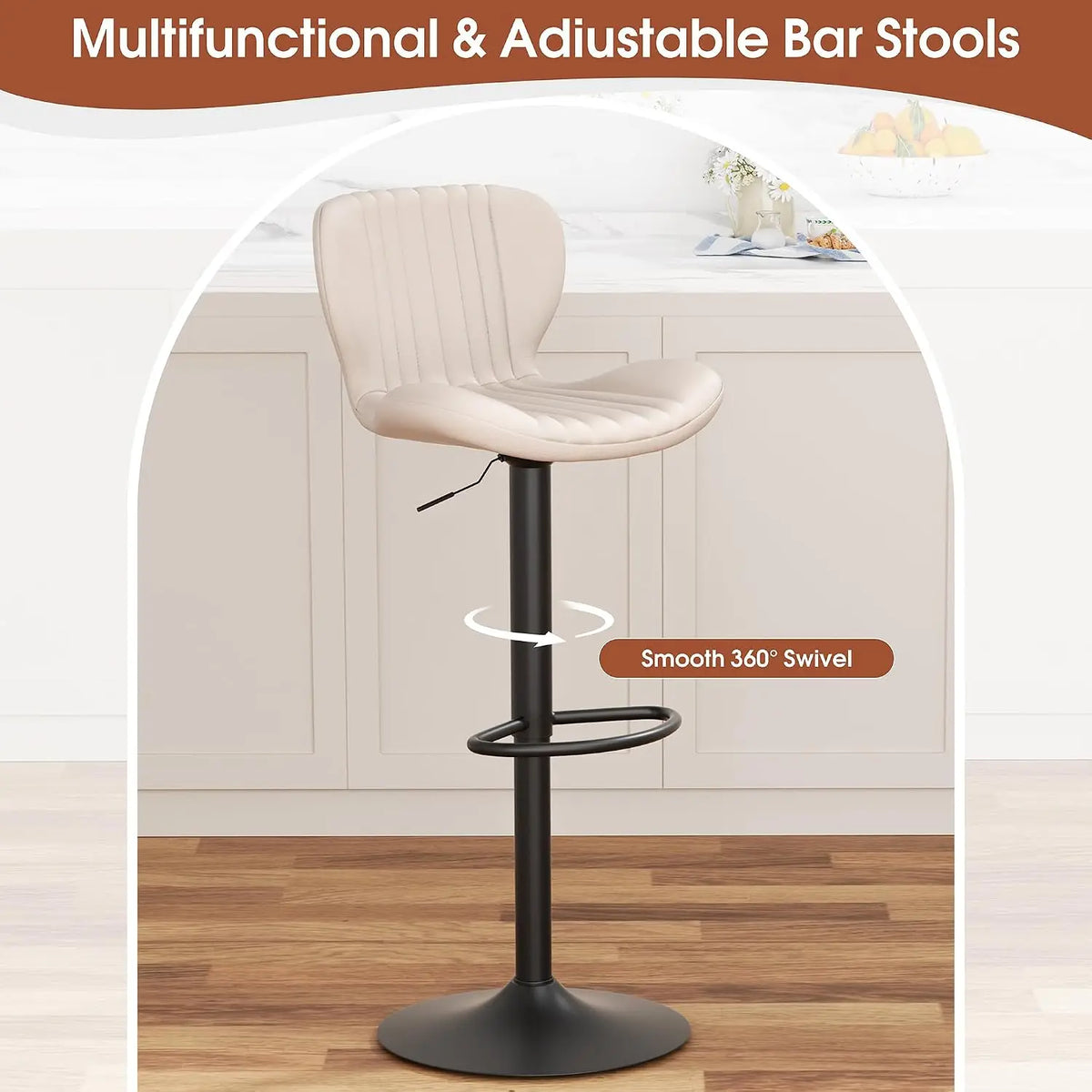 Beige Leather Adjustable Bar Stools Set of 2, Modern Counter Height Chairs