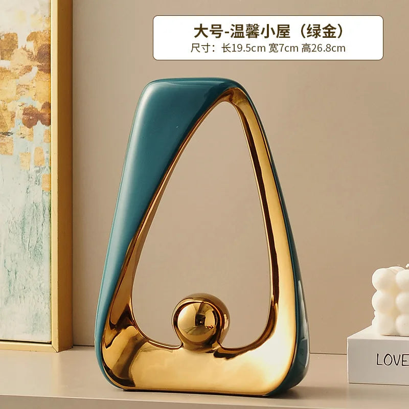Ceramic Crafts Statues Abstract Ornaments Decorative Figurines Geometric Triangles Golden Ball Skeleton Sculpture Home Decor