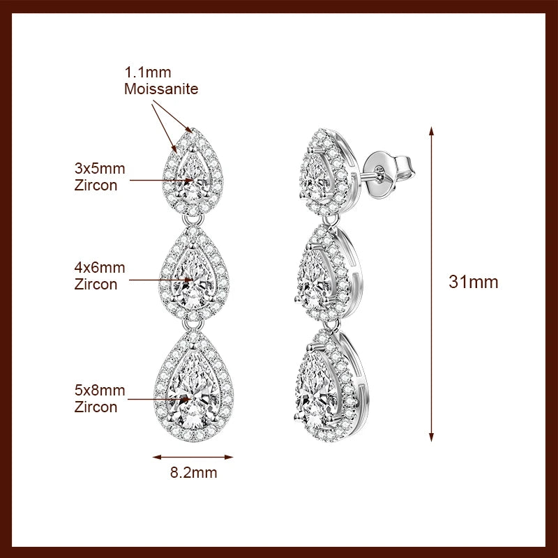 OXTAO 3-Stone Pear Cut 5A CZ Halo Drop Earrings for Women Girl Birthday Party Gift D VVS1 for Women Tassel Moissanite Dangle Earrings 14K Gold Filled