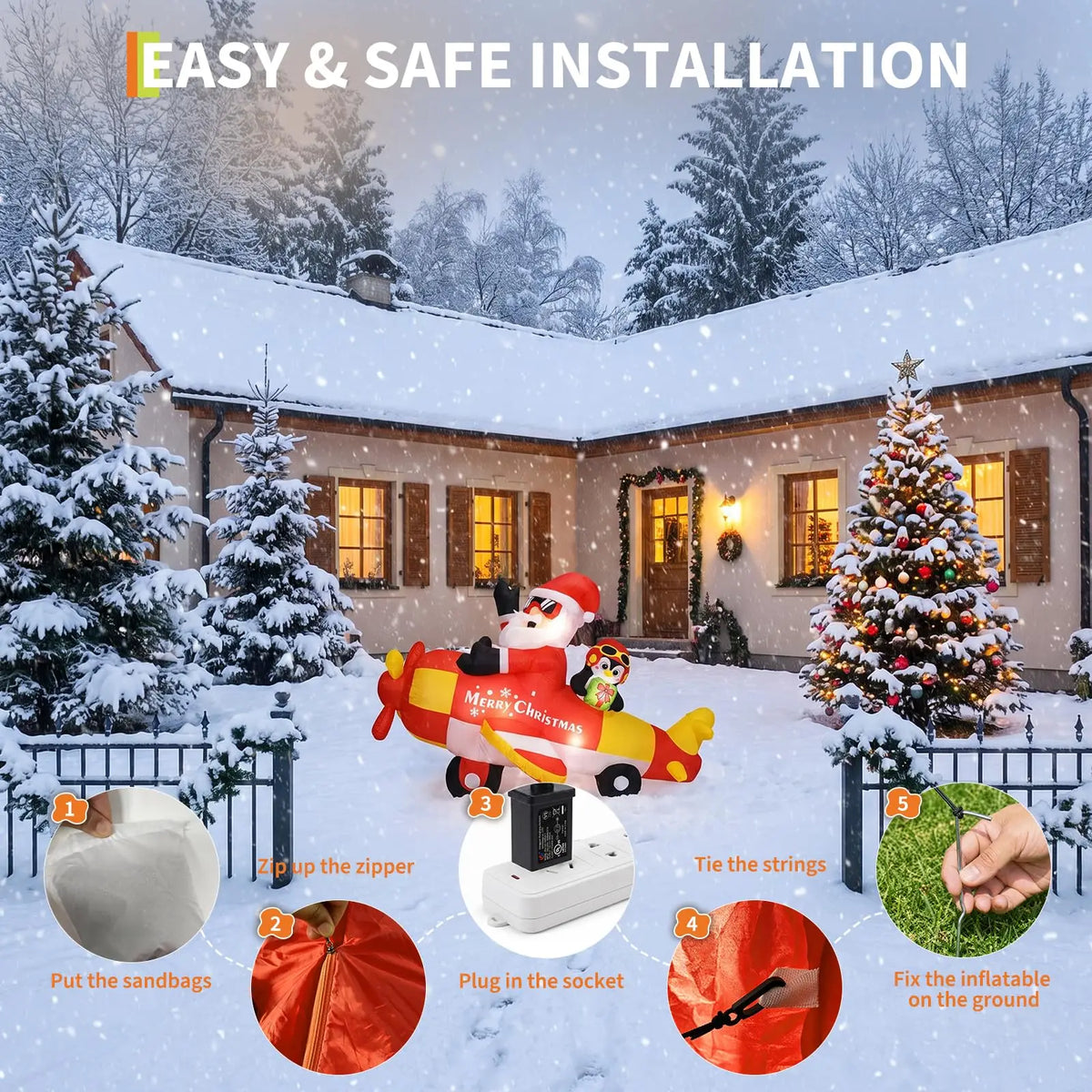 8FT Christmas Inflatable Santa Airplane With Penguin Gift Box LED Outdoor Decor