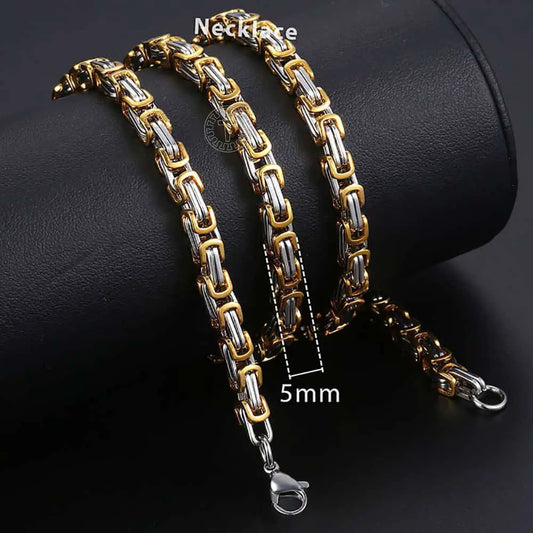 Hermah 5mm Mens Gold Silver Color Byzantine Box Necklace Stainless Steel Chain Length DIY Fashion Jewelry