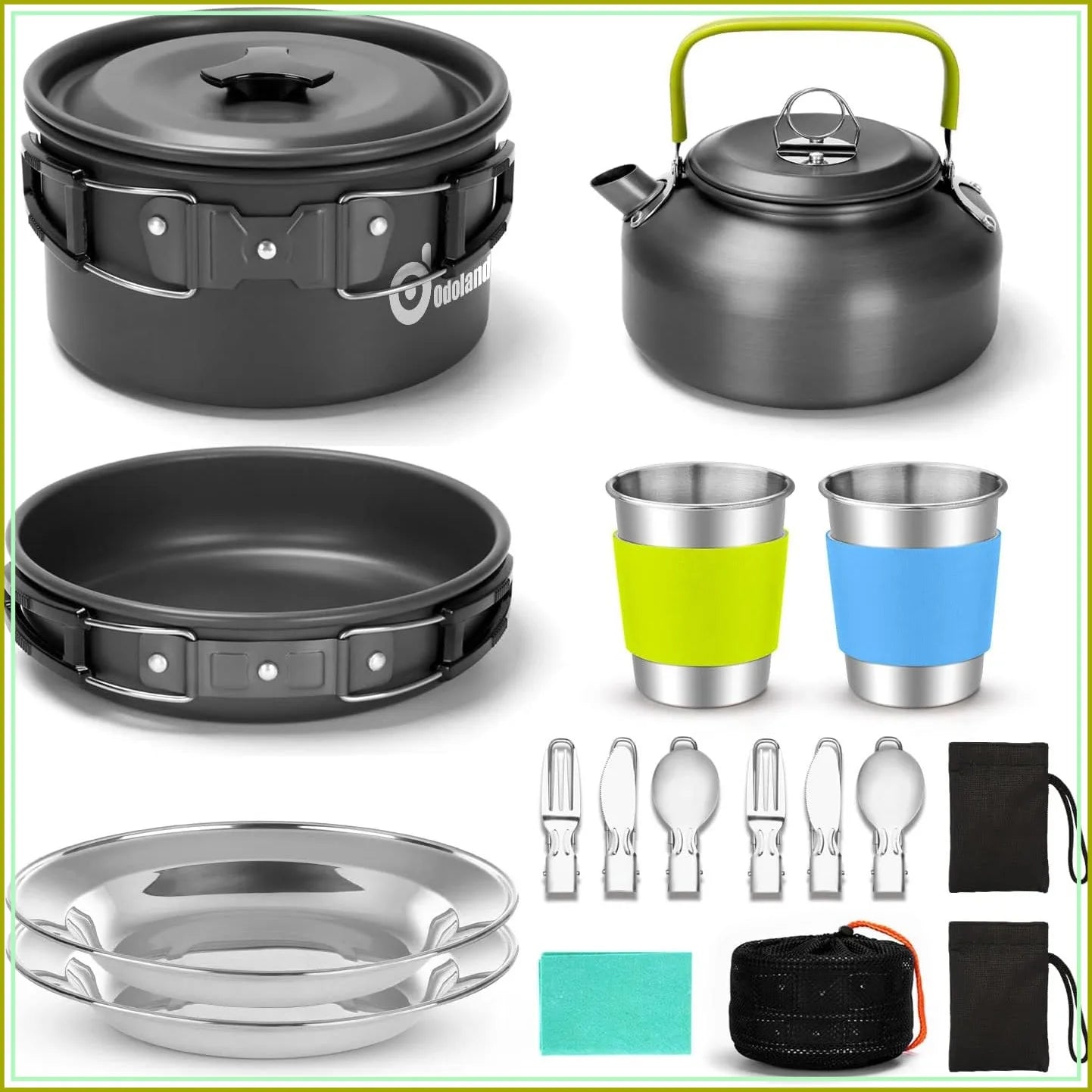 15pcs Non-Stick Camping Cookware Set, Lightweight Pot Pan Kettle with Stainless Steel Cutlery for Outdoor Cooking