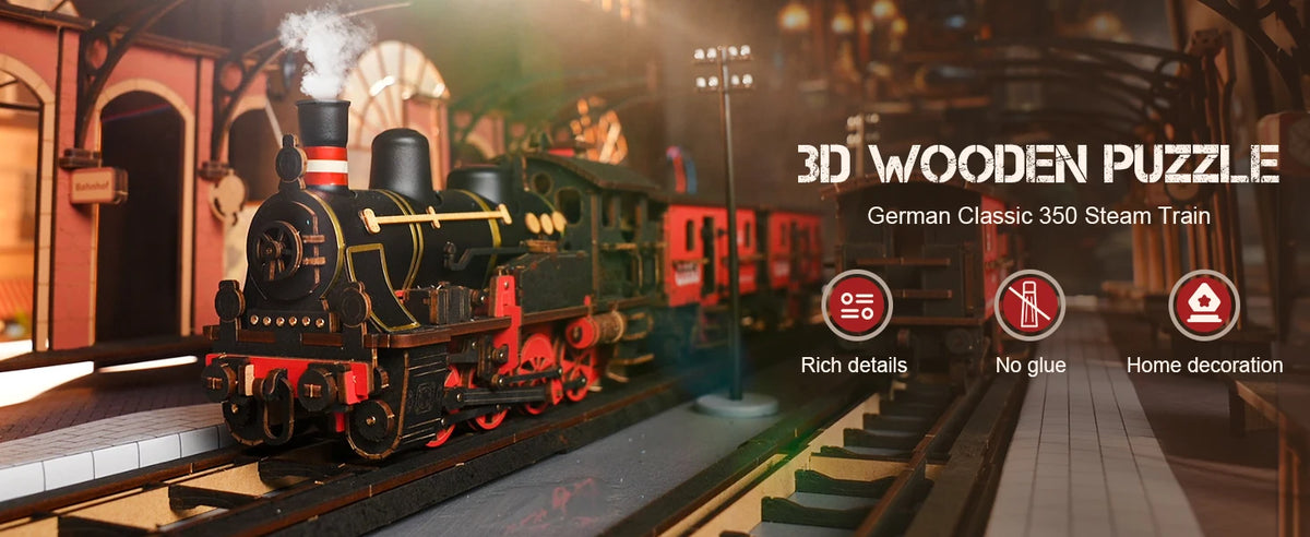 Rolife 3D Wooden Puzzle Steam Journey Mechanical Vehicle Model Building Kit DIY Puzzle Toys for Home Desk Decor Gifts for Adults