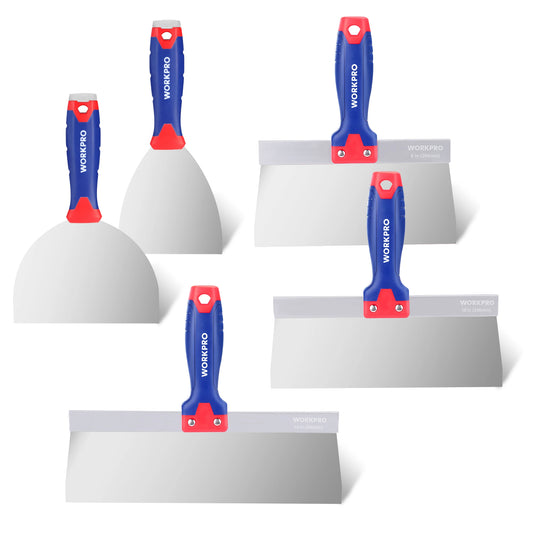 WORKPRO Drywall Knife Set Stainless Steel Taping Knife Putty Knife with 4", 6'', 8'', 10'', 12'' Blades and Alloy Metal Hammer