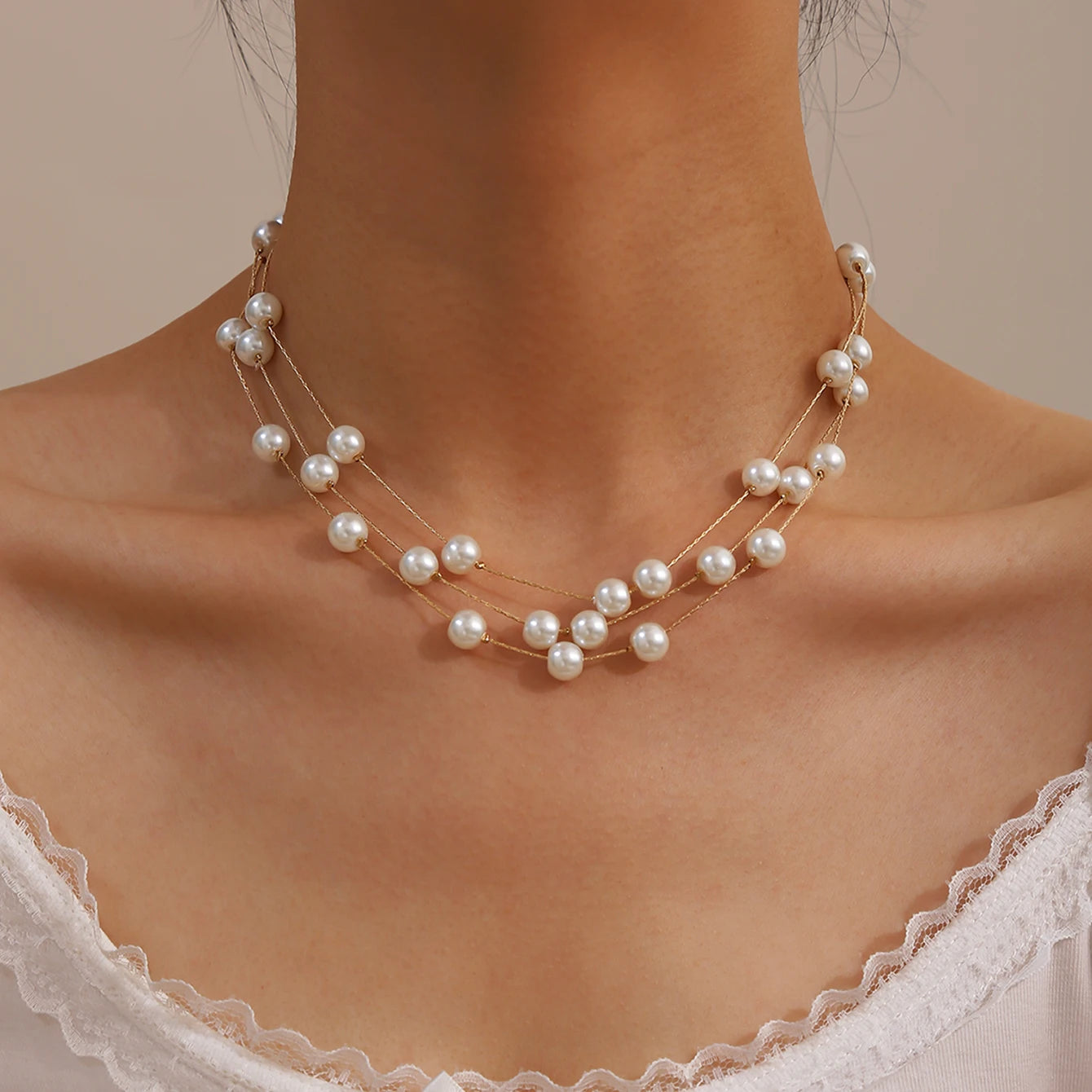 Elegant Fashion Multi-layer Stacked Imitation Pearl Necklace+Bracelet+Earrings Women's Jewelry Set Perfect Daily Party Wear Gift