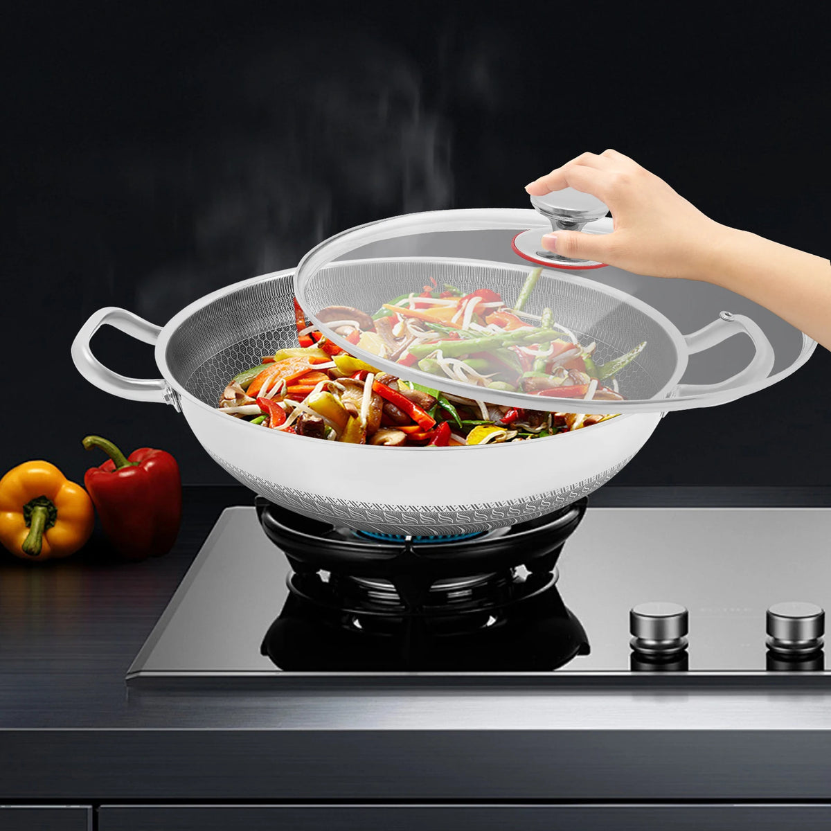 Stainless Steel Nonstick Wok Pan With Tempered Glass Lid For Most Stoves