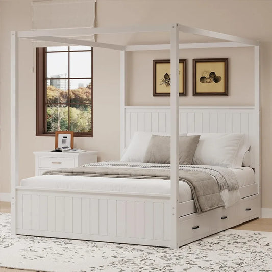 SOFTSEA Queen Size Canopy Platform Bed with Storage Drawers & Trundle, Solid Wood 4-Post Platform Bed Frame with Wood Headboard