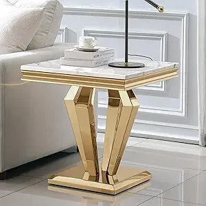 Square End Table, 22.8" Modern White Faux Marble Side Table with Golden Mirrored Finish