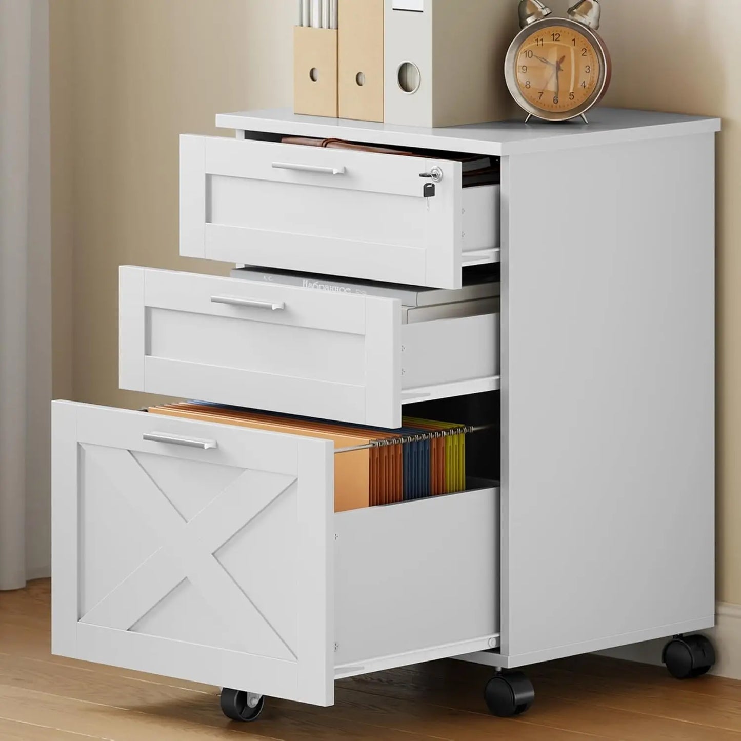 3-Drawer Rolling File Cabinet with Lock - Wooden Mobile Filing Cabinet for Home Office, Under Desk Storage Organizer fits Letter