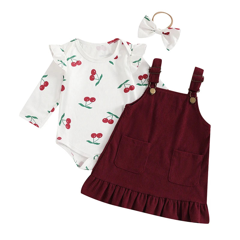 Toddler Girls 3-Piece Outfit Floral Print Long Sleeve Romper with Suspender Skirt and Matching Bow Headband Autumn Set