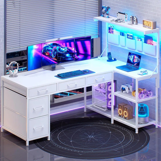 Corner Computer Desk, Reversible L Shaped Computer Desk with Fabric Drawers and Power Outlet, 47.2” Gaming Desk