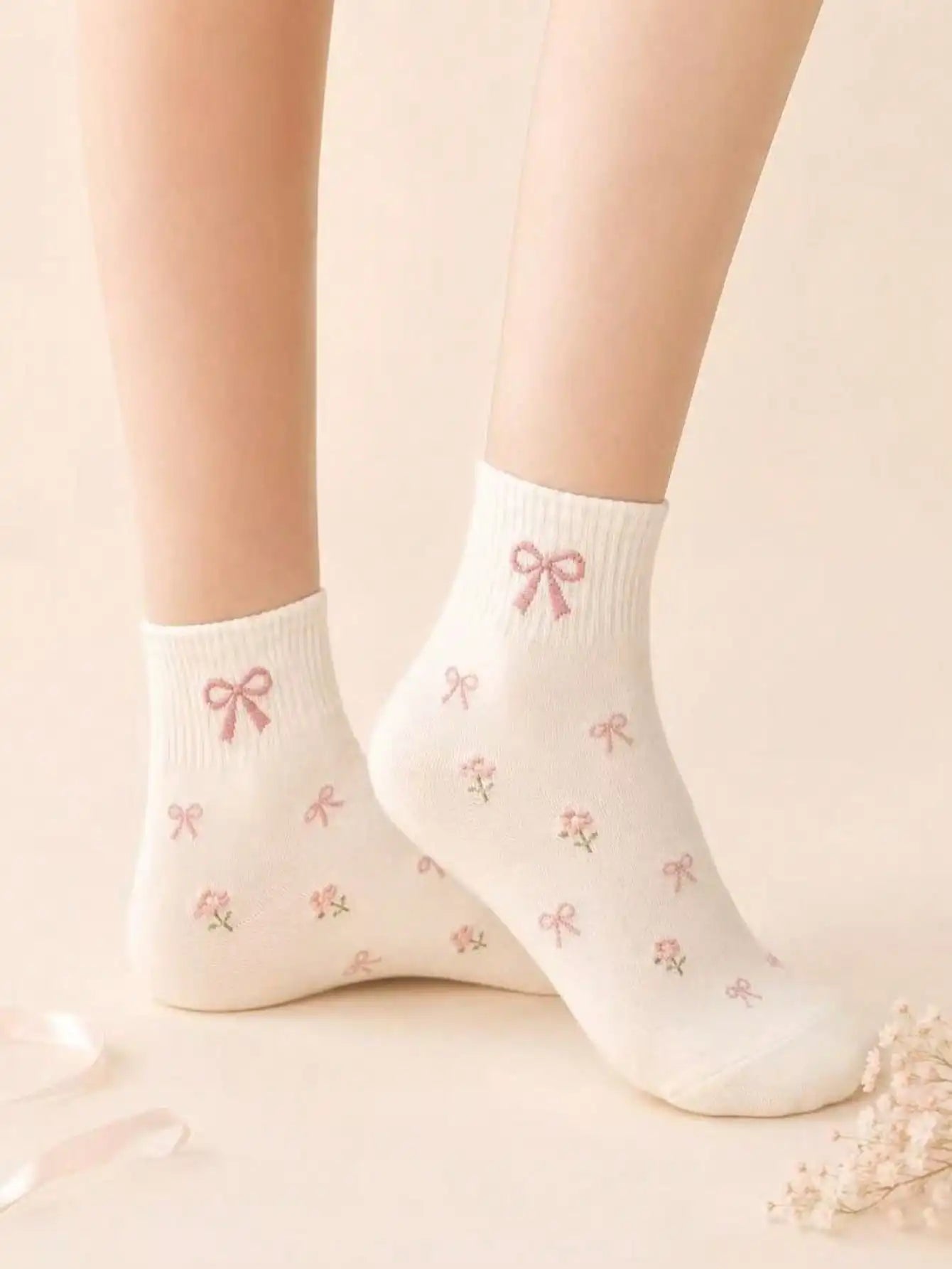 5 Pairs Women's Cute Bow & Floral Pattern Short Socks, Fashionable College Style, Comfortable & Breathable, Versatile For Daily, Sports, Casual Wear, Suitable For Spring, Summer, Autumn