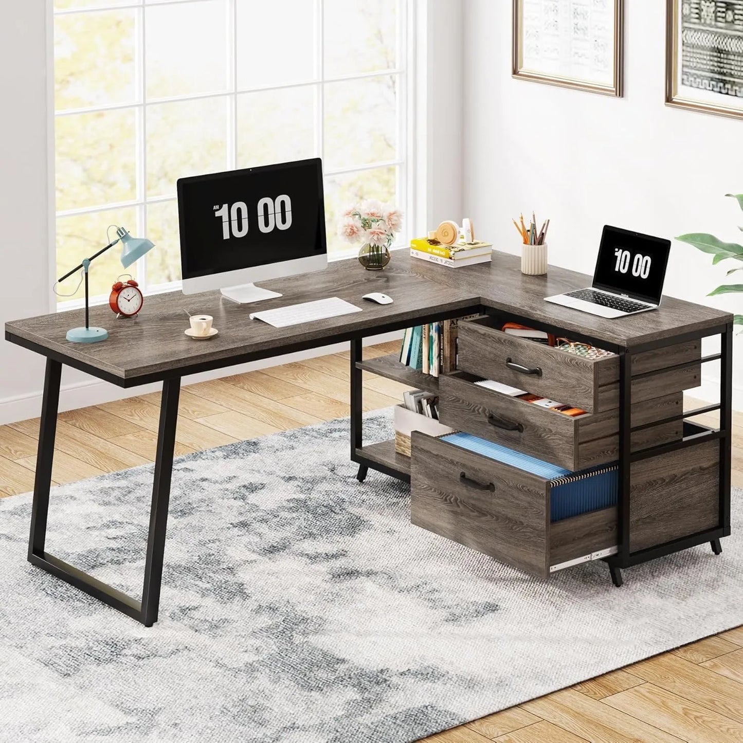 LITTLE TREE L-Shaped Desk with 3 Drawers, Reversible Corner Desk for Home and Office with Shelves, 130cm Industrial PC Desk