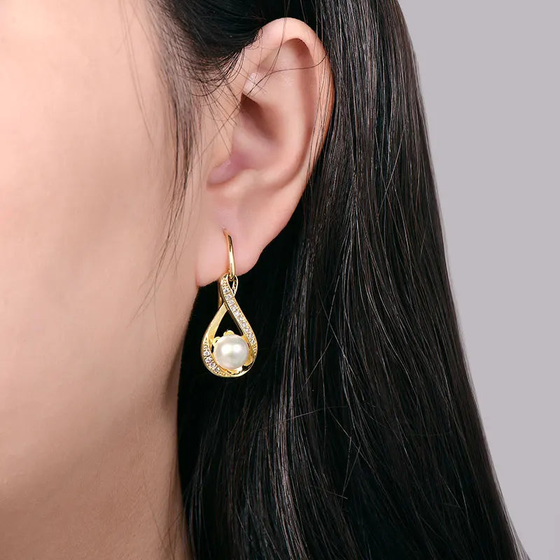 OXTAO Infinity D Moissanite Dangle Hook Earrings for Women 8mm Natural Freshwater Pearl Earrings Wedding Jewelry Gift 14K Gold Filled