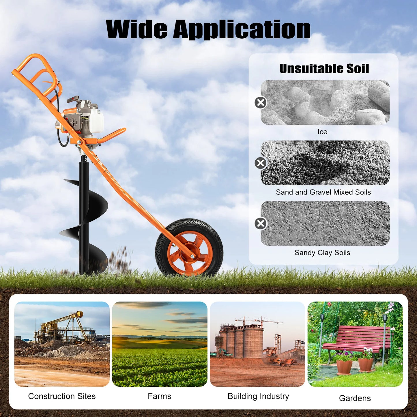 2-Stroke 63CC Post Hole Digger with Earth Auger Drill, 3HP Gas Powered Earth Auger Borer Ground Drill