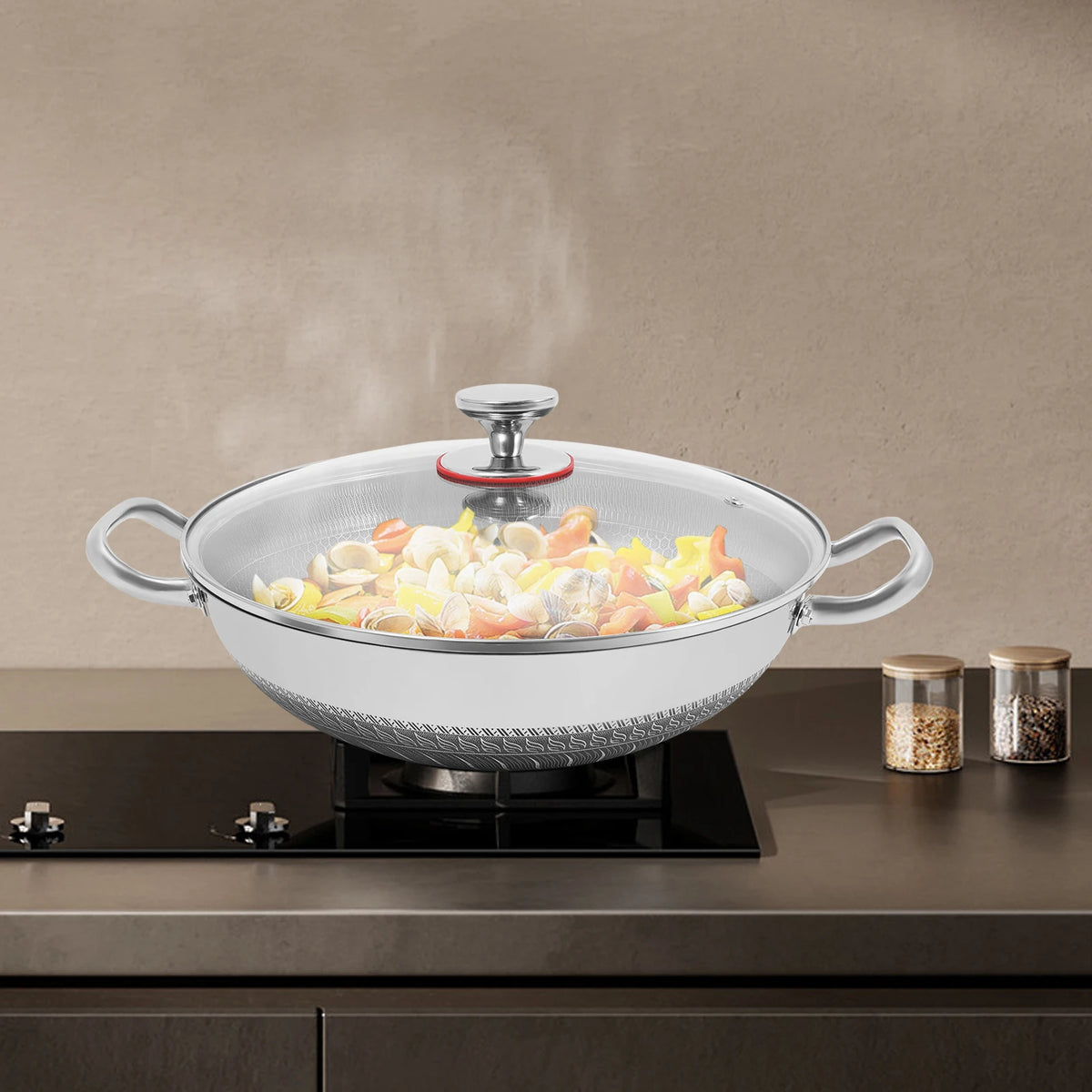 Stainless Steel Nonstick Wok Pan With Tempered Glass Lid For Most Stoves