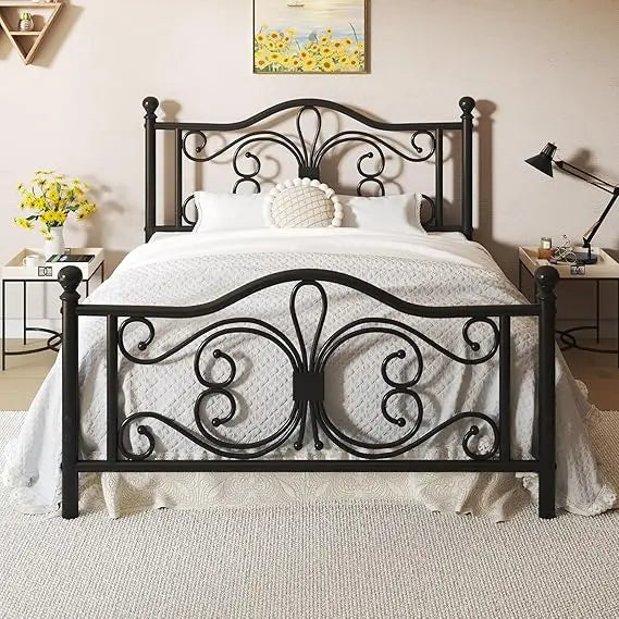 Queen size frame/metal platform bed with butterfly pattern design headboard and footboard