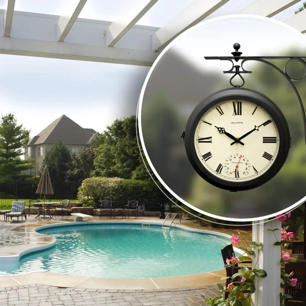 Double-Sided Indoor/Outdoor Hanging Clock with Thermometer, 360° Spin, Silent Quartz Movement, Black Metal Frame