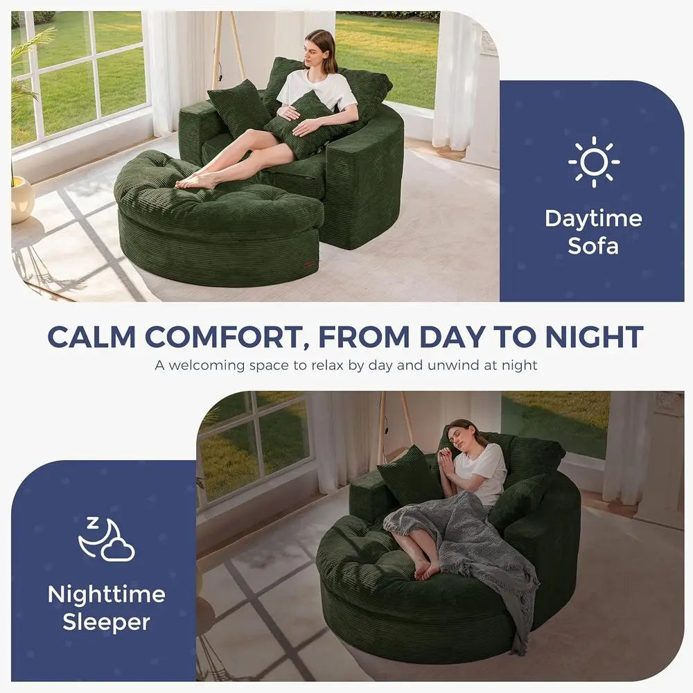 Large Round Upholstered Chaise Lounge Sofa with 3 Pillows, Ottoman, Deep Seating Sleeper Chair for Living Room or Bedroom, No As