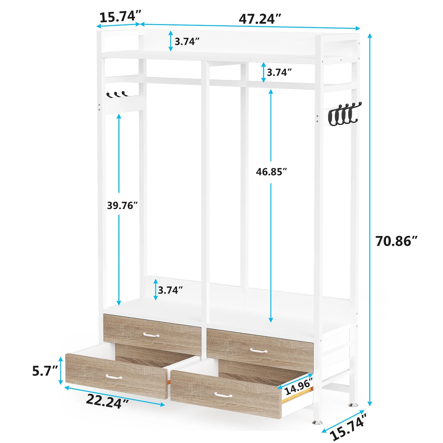 Tribesigns Freestanding Closet Organizer for Hanging Clothes, Heavy Duty Garment Rack with Drawers, 8 Hooks and Storage Shelves