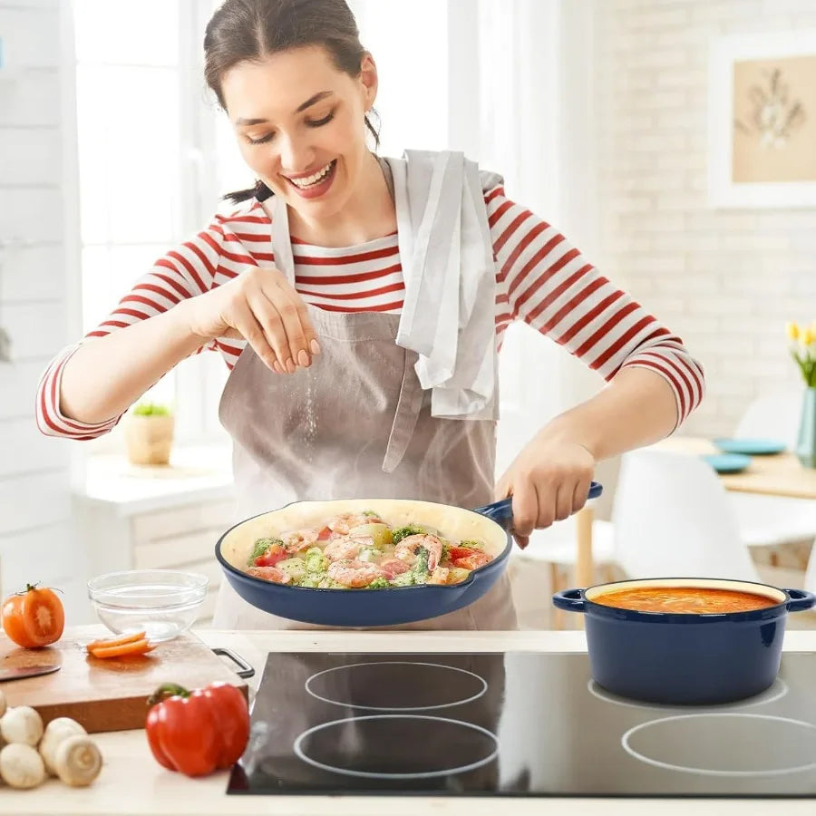 Enameled Cast Iron Cookware Set - 7 Piece Set of Dutch Ovens, Sauce Pan, Skillet, 3 Lids, Dutch Oven Set, Ceramic Coated Cast Ir