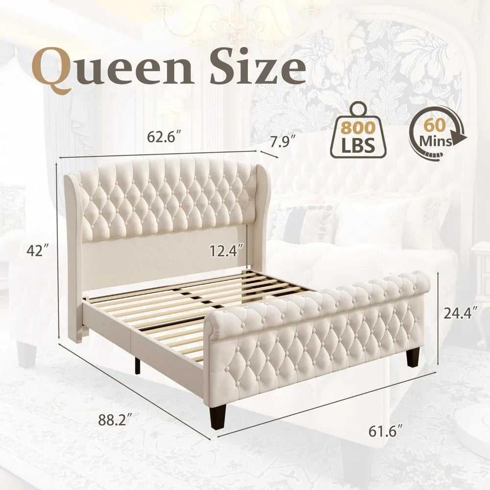 hisoft queen bed frame, 42" tall velvet upholstered sleigh bed with wingback headboard & scrolled footboard, no box spring neede
