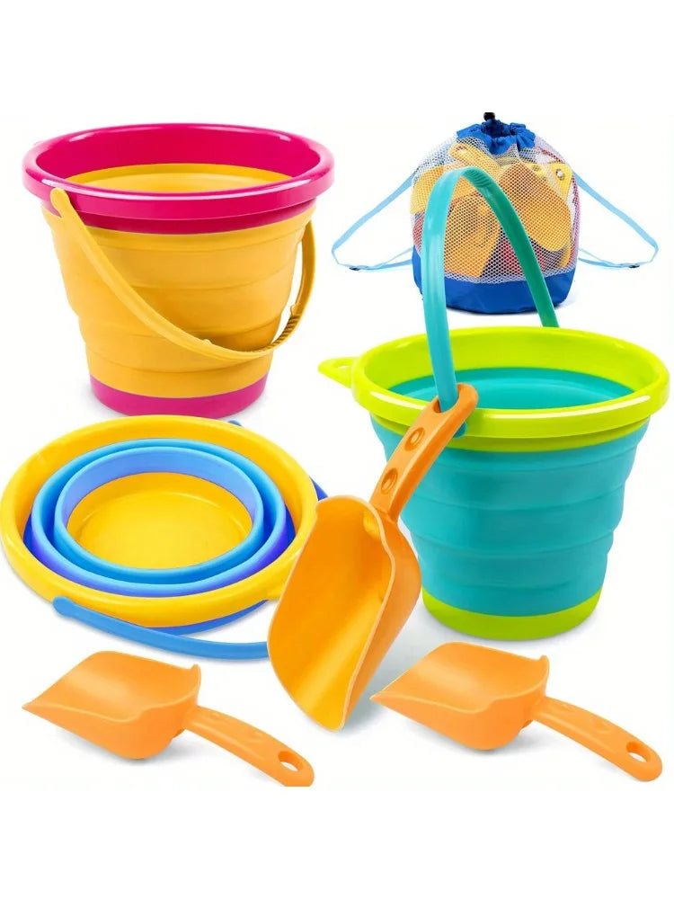JOYFY 3 Packs Foldable Pail Bucket with Shovels Mesh Bag Collapsible Buckets Purpose for Beach Camping Gear Beach Party Fishing