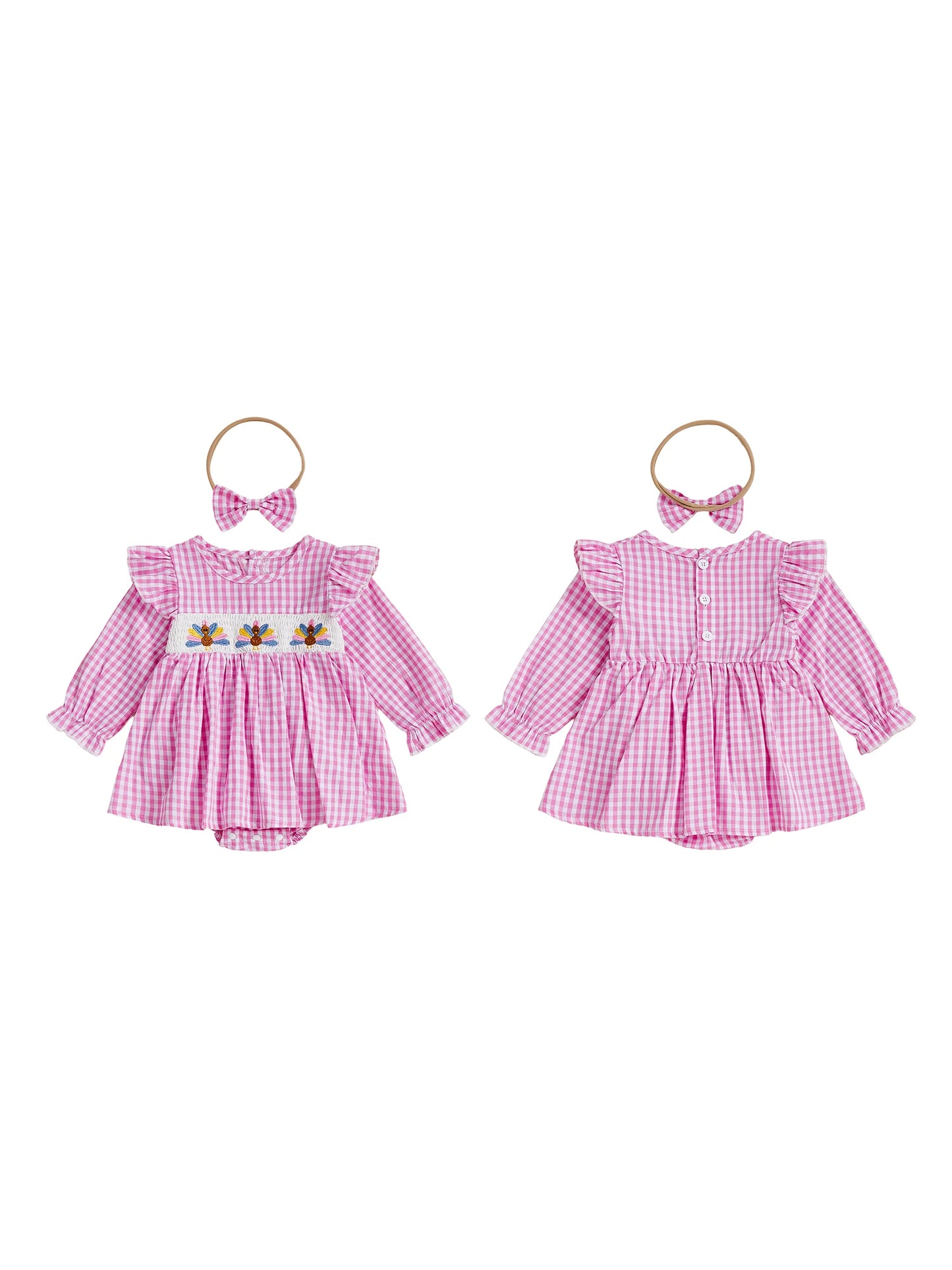 Thanksgiving Baby Girl Outfit Plaid Turkey Embroidered Romper Dress with Long Sleeve and Bow Headband Set - 2 Piece Holiday