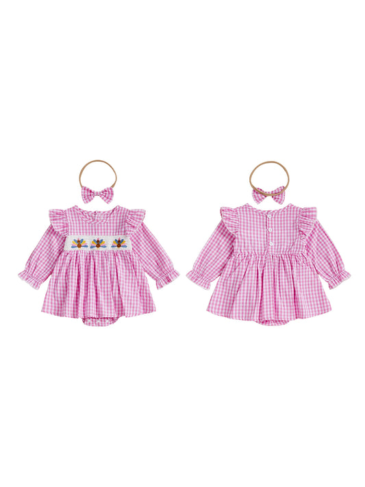 Thanksgiving Baby Girl Outfit Plaid Turkey Embroidered Romper Dress with Long Sleeve and Bow Headband Set - 2 Piece Holiday