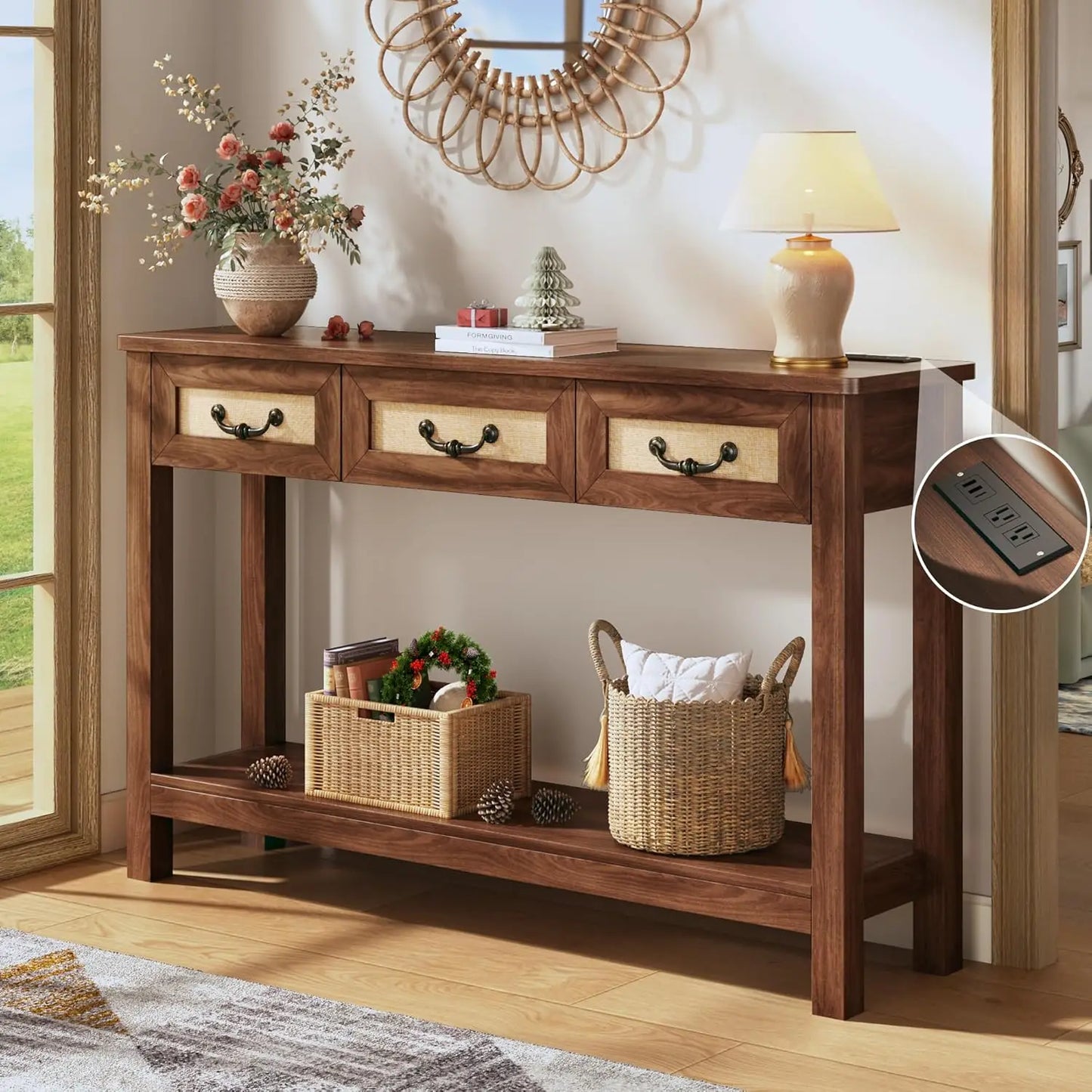 47.2" Console Table with 3 Rattan Drawers, Long Sofa Table with Storage Behind Couch, Farmhouse Entryway Table with, Customized