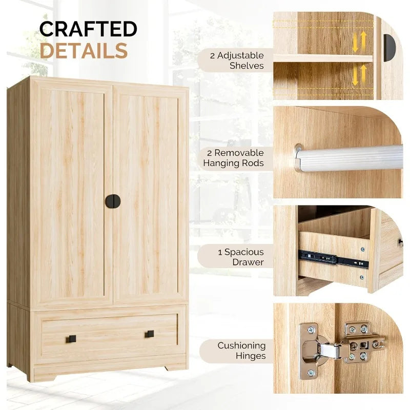 VINGLI Armoire Wardrobe Closet With Doors, Hanging Rod, Shelves and Drawer - Freestanding Cabinet,Dorm - Oak,38"Wx21"Dx65" H