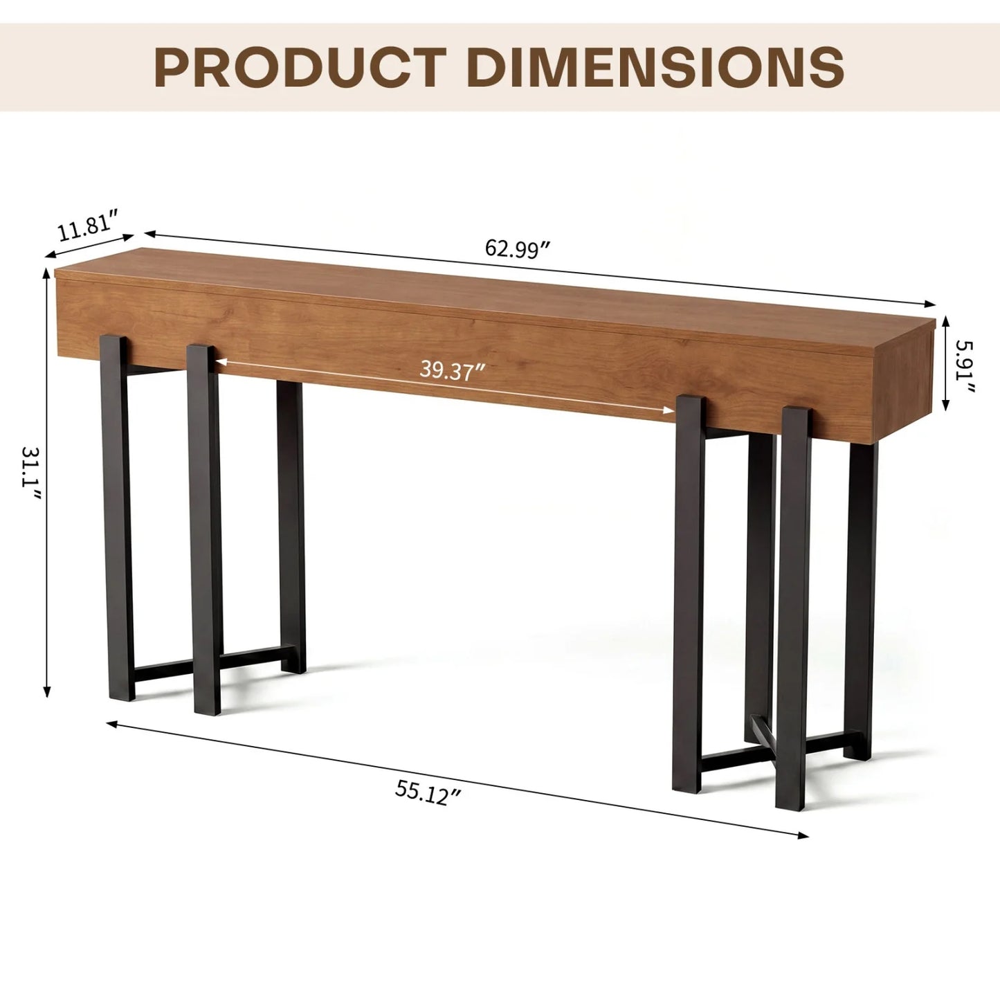 63" Modern Console Table, Wooden Entryway Table with Metal Legs, Narrow Behind Couch Table, Sofa Table for Corridors, Living Room, Hallway