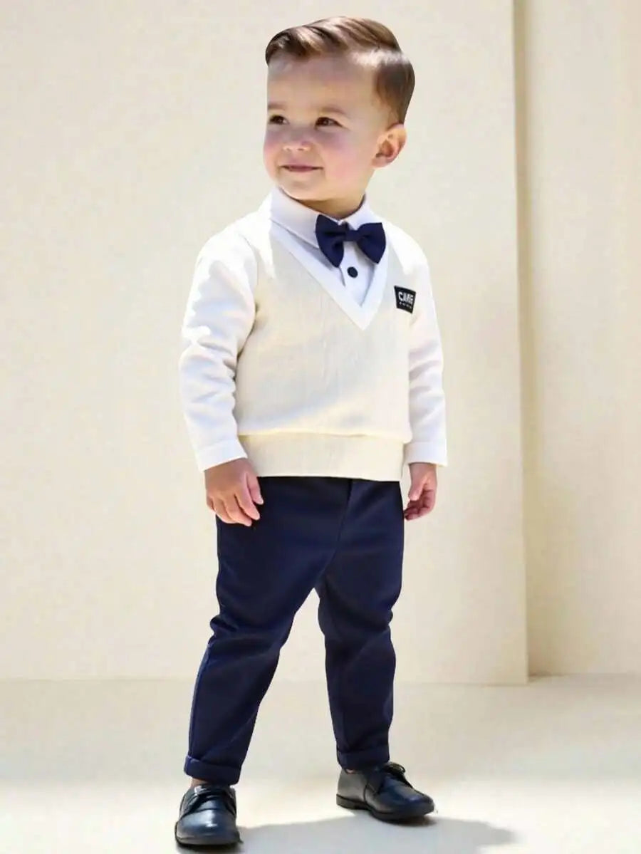 2-Piece Baby Boy Formal Outfit: Knit V-Neck Sweater with Bow Tie + Elastic Waist Pants
