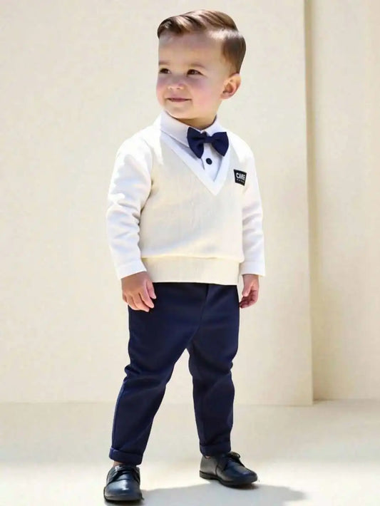 2-Piece Baby Boy Formal Outfit: Knit V-Neck Sweater with Bow Tie + Elastic Waist Pants