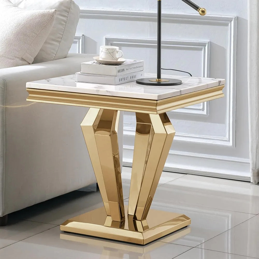 Square End Table, 22.8" Modern White Faux Marble Side Table with Golden Mirrored Finish