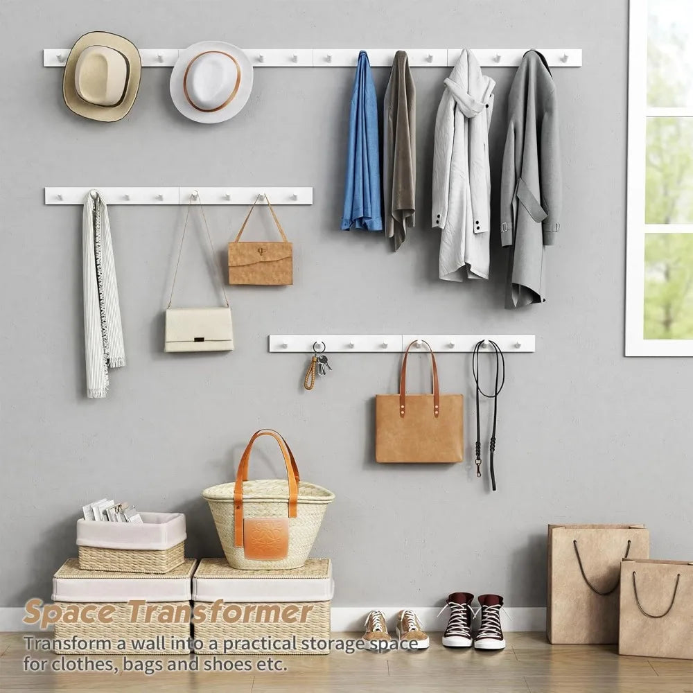 White Wall Mounted Coat Rack 16 Hooks 4 Pack Large Wood Entryway Heavy Duty Modern for Clothes Bags Hats Purses Closet