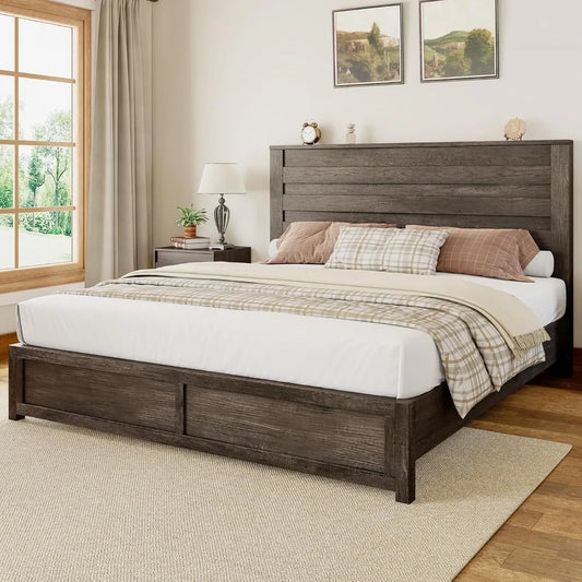 Queen Size Platform Bed Frame with 49" Headboard, Farmhouse Bed Frame with Wood Slat Support/No Box Spring Needed/Easy Assembly