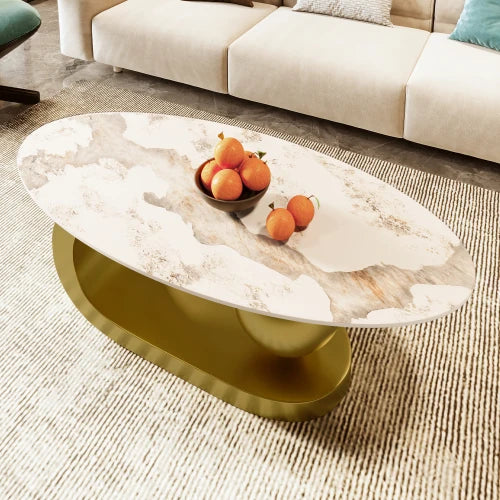 Modern Oval Coffee Table With Marble Pattern Sintered Stone Top Gold Base