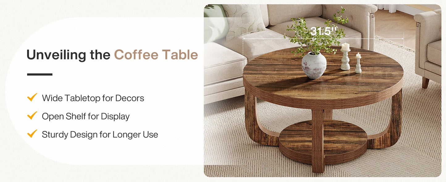 Tribesigns Round Coffee Table, 2-Tier Circle Coffee Table with Storage, Modern Wooden Accent Center Table for Living Room