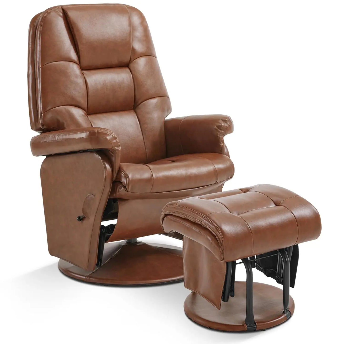Swivel Glider Recliner Chair with Ottoman, Adjustable Back Faux Leather Lounge, Living Room Bedroom, Brown, Customized
