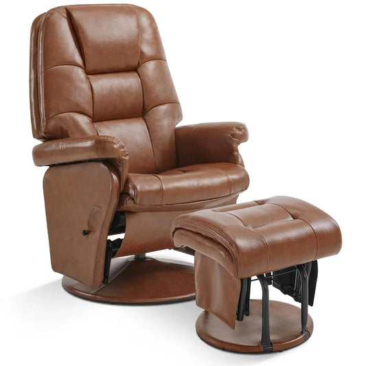 Swivel Glider Recliner Chair with Ottoman, Adjustable Back Faux Leather Lounge, Living Room Bedroom, Brown, Customized