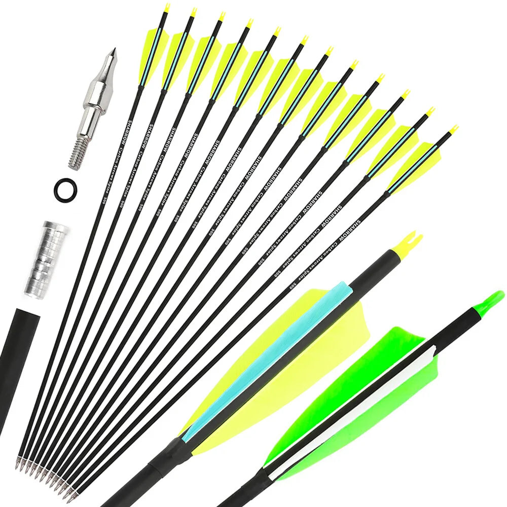 Archery Arrows 12pcs 30 Inch Spine 500 Mixed Carbon with 4" Turkey Feathers 100 Grain Tips for Hunting Target Shooting Practice