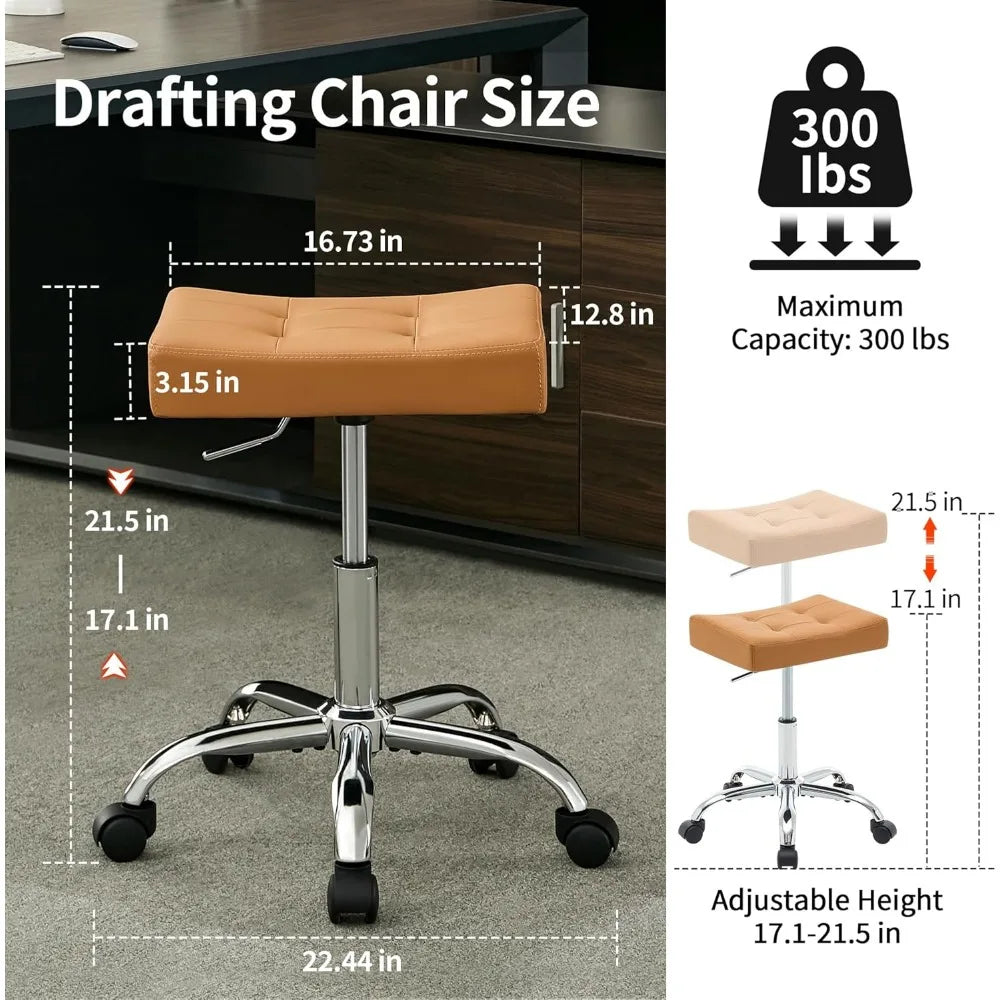 Adjustable Rolling Work Stool 300lb 17to21Inch Brown Faux Leather